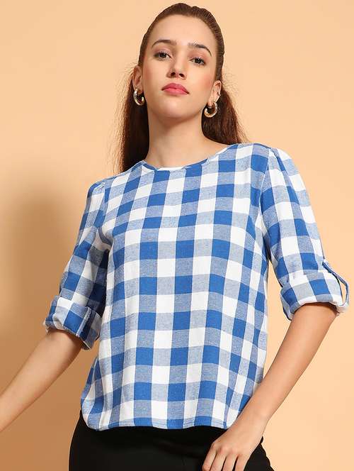 women checked printed round neck top - 21585014 - Very Small Image - 1