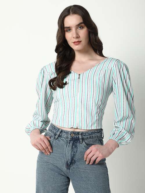 women sea green stripes v neck crop top - 21598212 - Very Small Image - 1