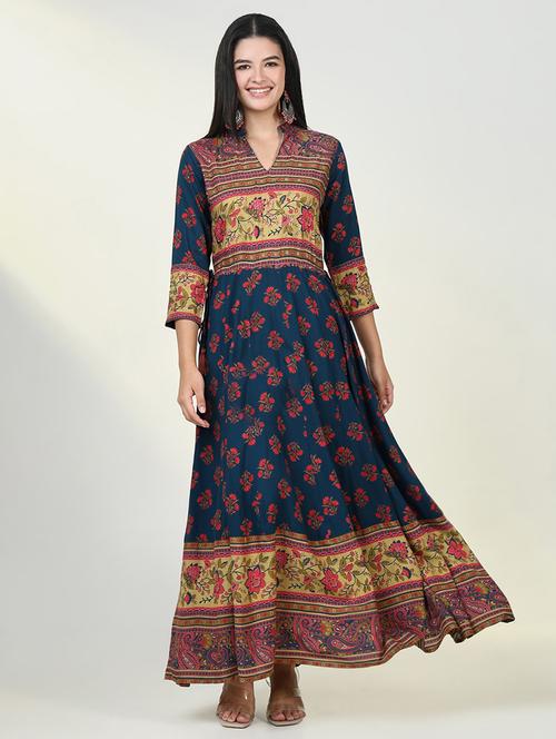 women teal floral printed anarkali kurta - 21643189 - Very Small Image - 1