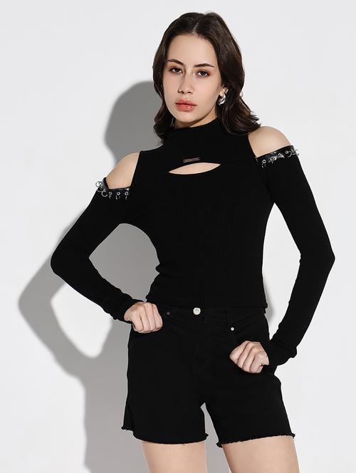 women black solid cold shoulder sleeve top - 21643502 - Very Small Image - 1