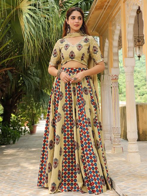 women beige printed stitched flared lehenga - 21660829 - Very Small Image - 1