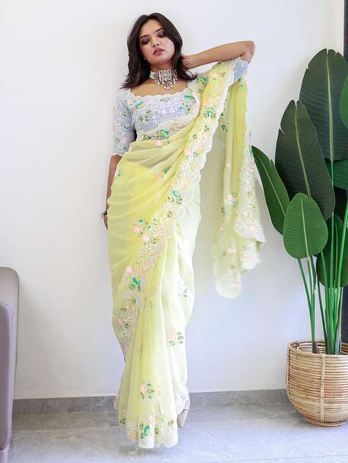 women lime embroidered saree with blouse - 21663945 - Very Small Image - 1