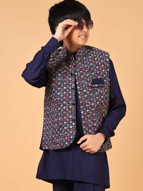 boys solid kurta pyjama with embroidered jacket - 21683983 - Very Small Image - 1