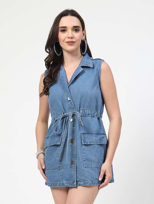 women blue sleeveless denim dress - 21688941 - Very Small Image - 1