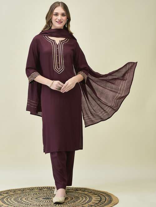 women three quarter sleeve kurta pant with dupatta set - 21689749 - Very Small Image - 1