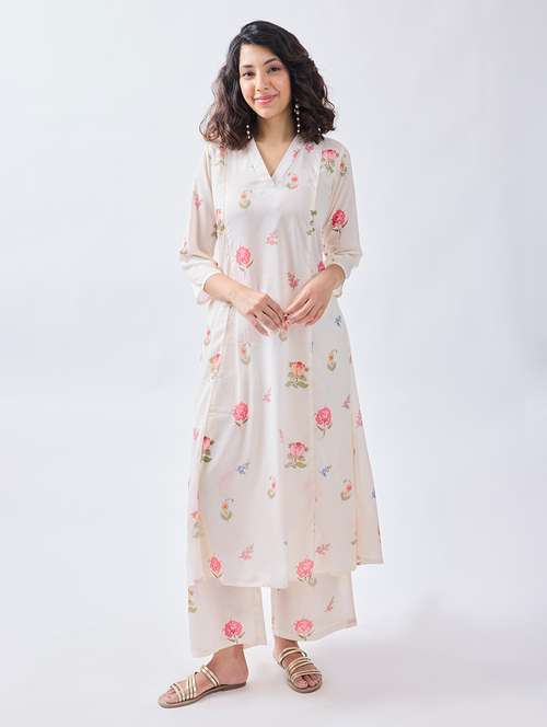 women white floral printed kurta palazzo set - 21692291 - Very Small Image - 1