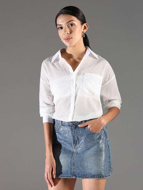 women white stripes long sleeve regular shirt - 21696525 - Very Small Image - 1