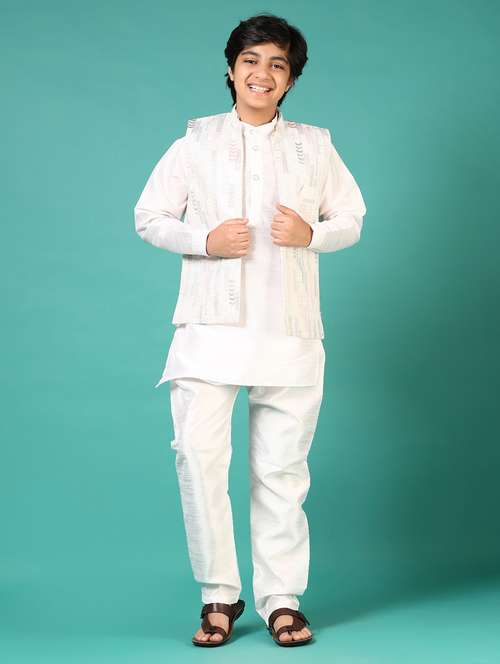 boys solid kurta pyjama with embroidered jacket - 21716709 - Very Small Image - 1