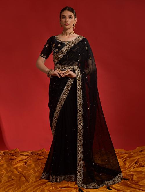 women black sequin work embroidered saree with blouse - 21723206 - Very Small Image - 1