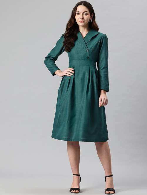 women solid puff sleeves lapel collar a-line dress - 21730246 - Very Small Image - 1