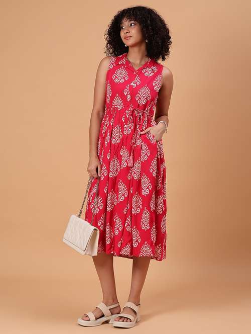 women pink printed sleeveess fit & flare ethnic dress - 21744147 - Very Small Image - 1