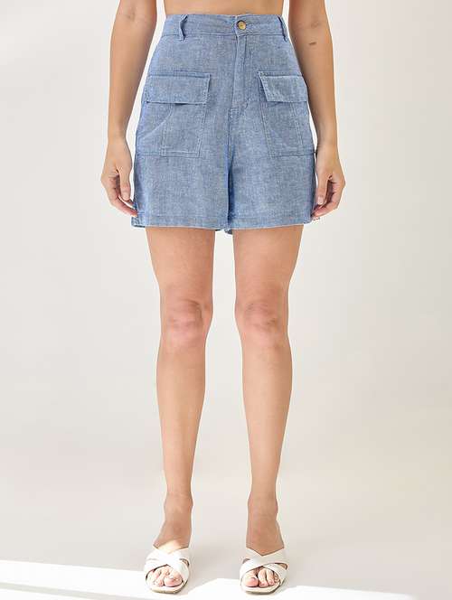 globus women blue linen cotton high-rise relaxed fit above knee shorts - 21767524 - Very Small Image - 1