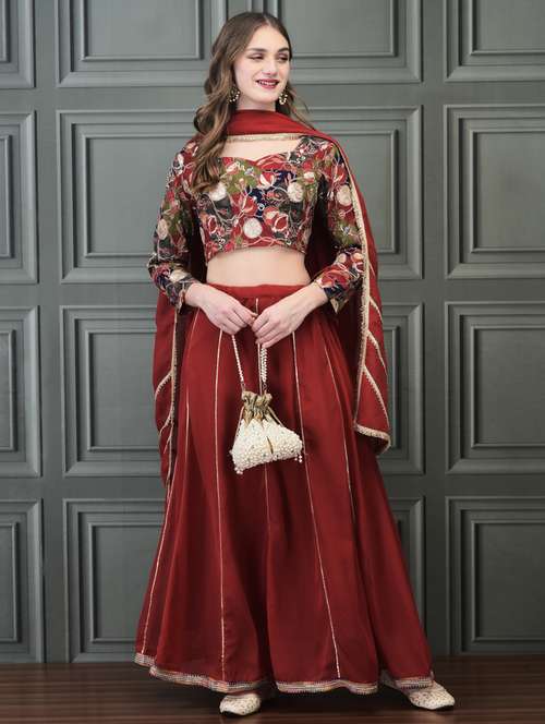 women maroon printed flared stitched lehenga - 21785493 - Very Small Image - 1