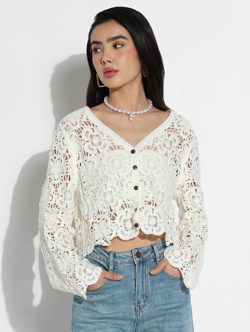 women solid long sleeves sheer lace top - 21842999 - Very Small Image - 1