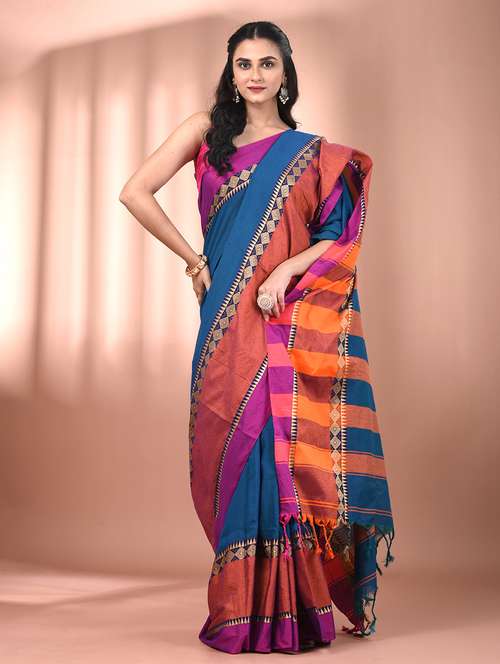 women blue handloom saree with blouse - 21905569 - Very Small Image - 1