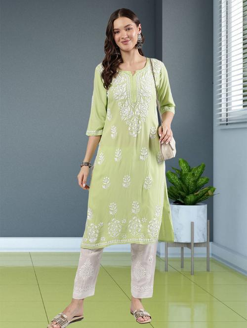 women three quarter sleeve straight chikankari kurta - 21906067 - Very Small Image - 1