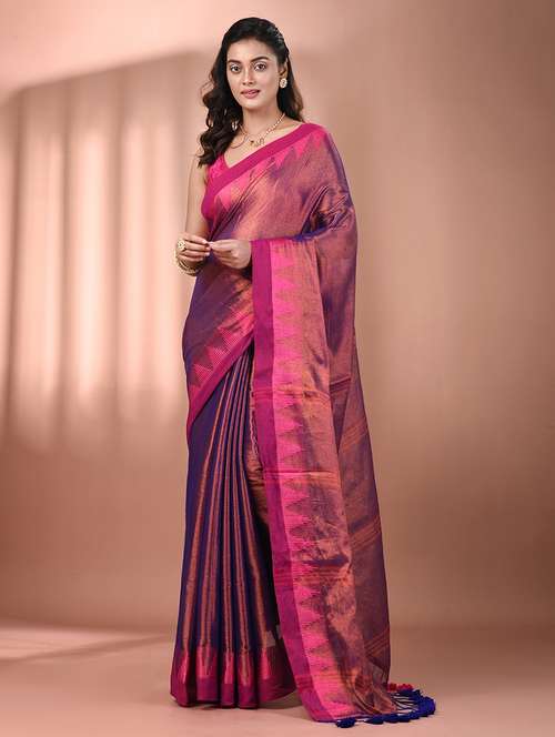 women solid with bordered handloom saree with blouse - 21908421 - Very Small Image - 1