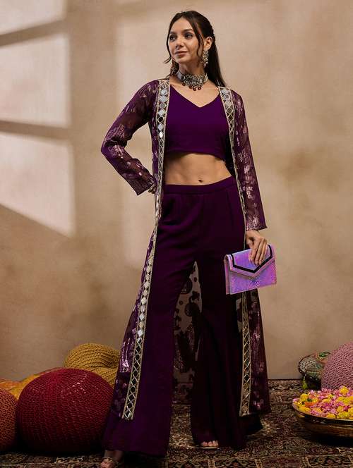 women self design top trouser with jacket fusion set - 21917547 - Very Small Image - 1
