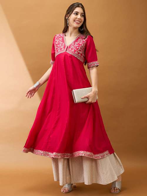 women pink sequinned floral embroidered yoke v-neck alia cut a-line festive kurta - 21918772 - Very Small Image - 1