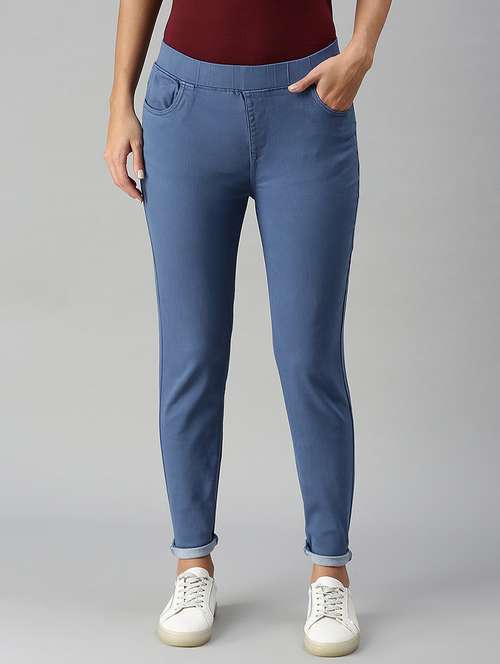 women sollid mid rise slim fit jegging - 21930261 - Very Small Image - 1