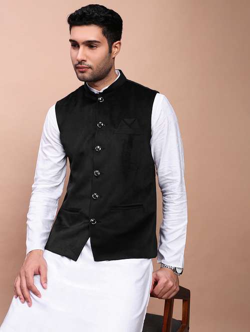 men's black velvet solid nehru jacket ethnic - 21933420 - Very Small Image - 1