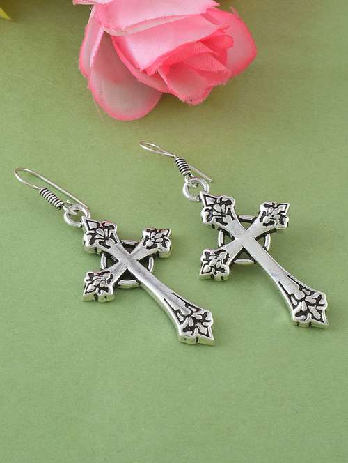 women silver tone cross drop earrings - 21936717 - Very Small Image - 1