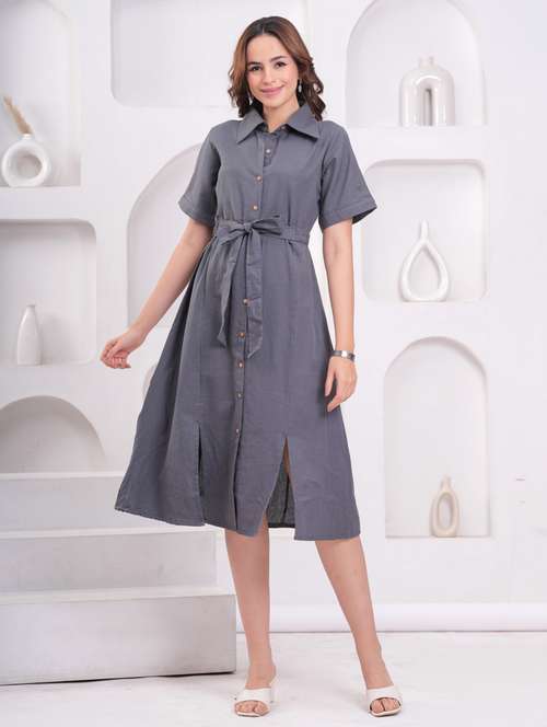 women solid collared short sleeve shirt dress - 21942138 - Very Small Image - 1