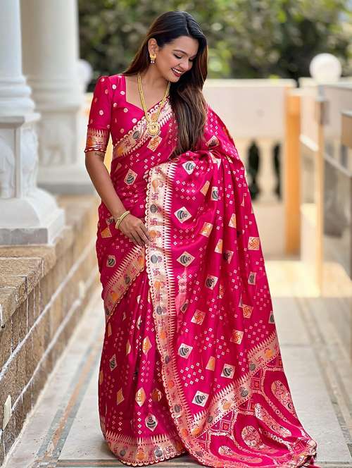 women bandhani bordered saree with blouse - 21959852 - Very Small Image - 1