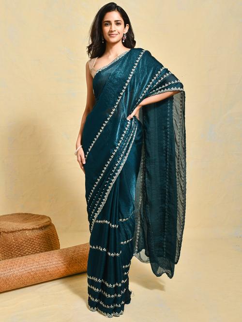 women solid with work embellished saree with blouse - 21965526 - Very Small Image - 1