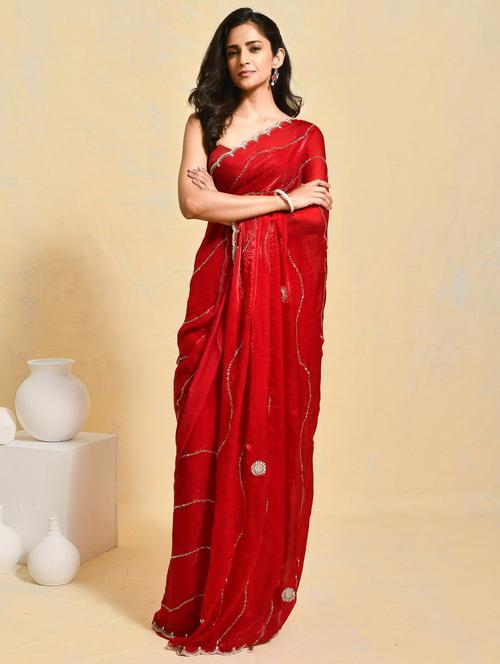 women solid with work embellished saree with blouse - 21965531 - Very Small Image - 1