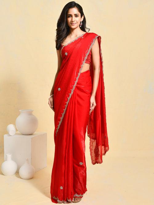 women solid with work embellished saree with blouse - 21965636 - Very Small Image - 1