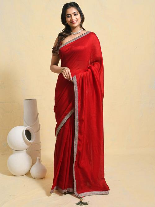 women solid with embellished bordered saree with blouse - 21965649 - Very Small Image - 1