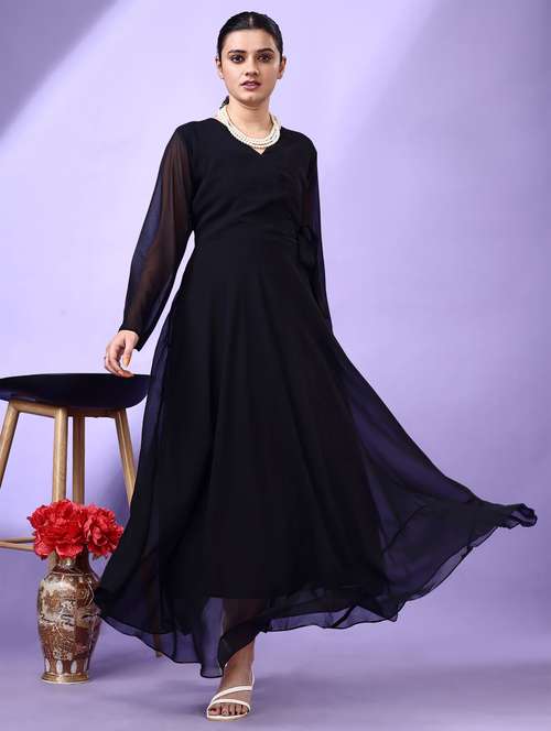 women black solid long sleeve fit & flare maxi dress - 21972234 - Very Small Image - 1