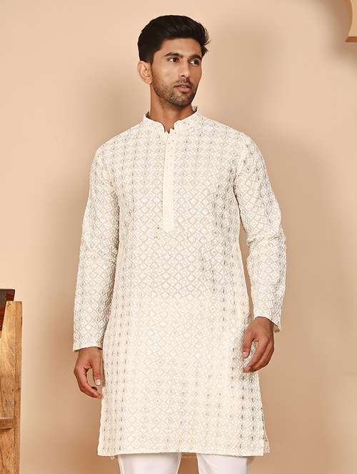 men embroidered mandarin neck long kurta - 21978476 - Very Small Image - 1