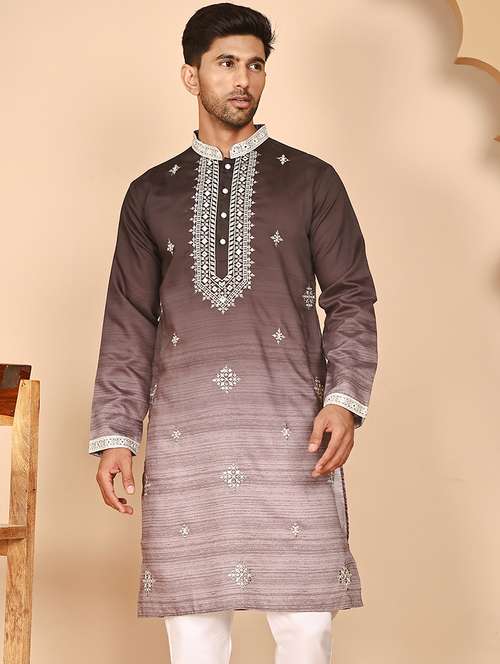 men embroidered mandarin neck long kurta - 21978495 - Very Small Image - 1
