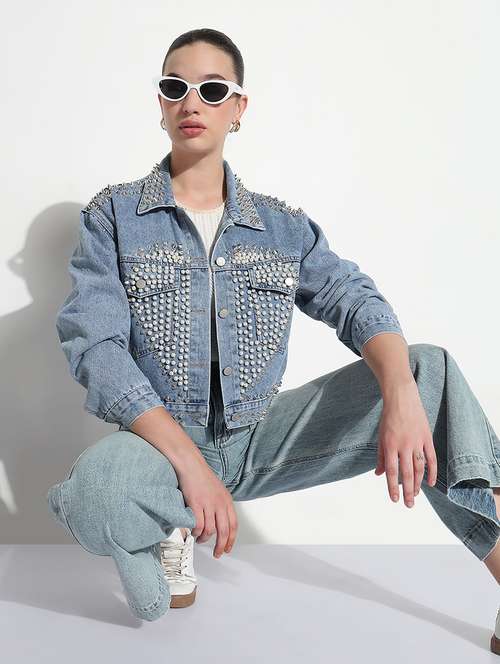 women embellished long sleeve crop denim jacket - 21979841 - Very Small Image - 1