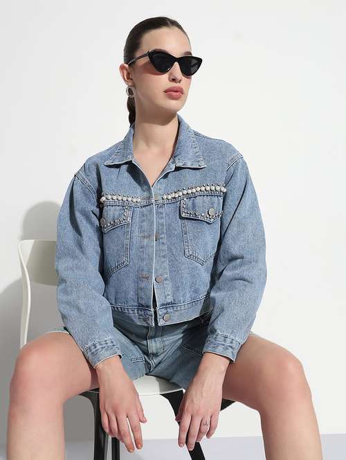 women embellished long sleeve crop denim jacket - 21979846 - Very Small Image - 1