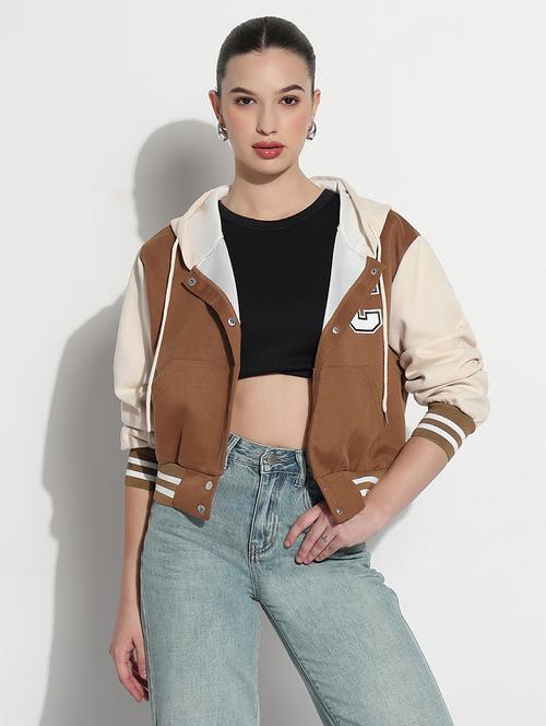 women color blocked hooded crop varsity jacket - 21979855 - Very Small Image - 1