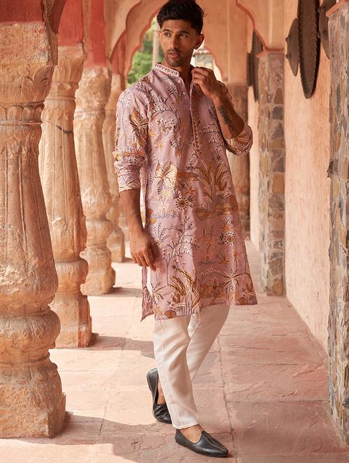 floral embroidered silk blend kurta pyjama - 21986007 - Very Small Image - 1