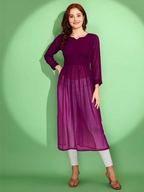 women solid long sleeve side slit kurta - 21992370 - Very Small Image - 1