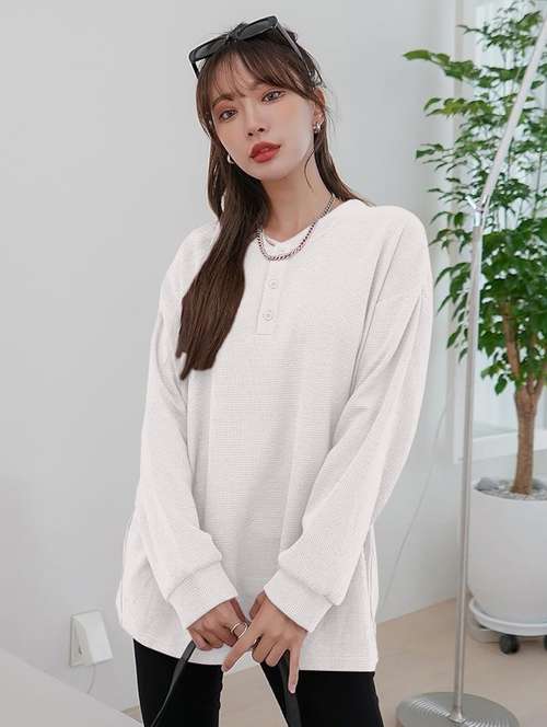 women solid long sleeve loose fit winter top - 21992409 - Very Small Image - 1