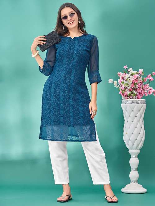 women solid with work three quarter sleeve straight kurta - 21997850 - Very Small Image - 1