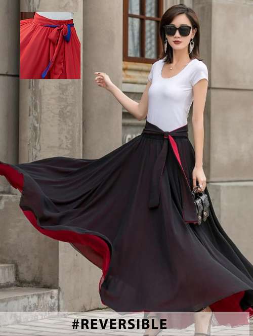 women solid high rise reversible flared maxi skirt - 22001731 - Very Small Image - 1