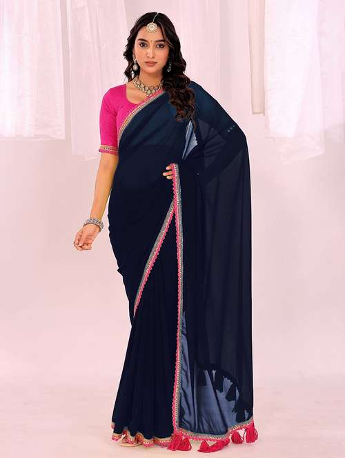 women solid with bordered saree with blouse - 22007251 - Very Small Image - 1