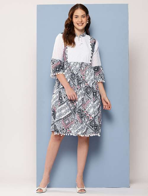 women printed bell sleeve a-line dress - 22012627 - Very Small Image - 1