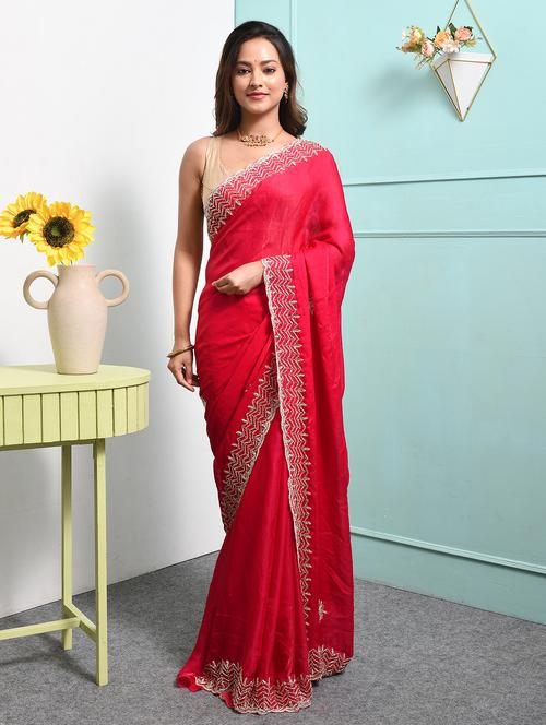 women solid with work embellished saree with blouse - 22014431 - Very Small Image - 1