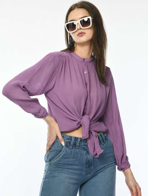 women solid long sleeve mandarin collar shirt - 22028504 - Very Small Image - 1