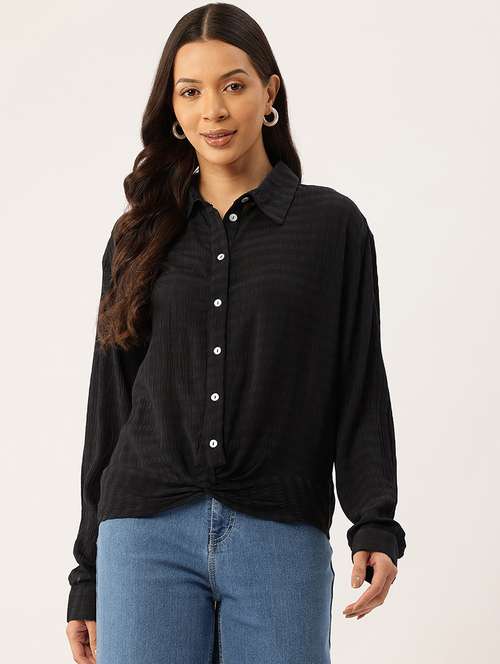 women black solid collared long sleeve shirt - 22028538 - Very Small Image - 1