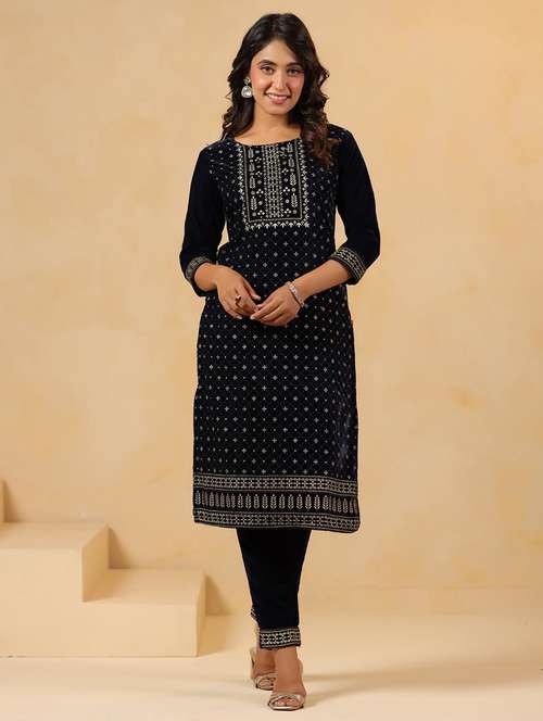 women embroidered round neck kurta and pant set - 22031057 - Very Small Image - 1