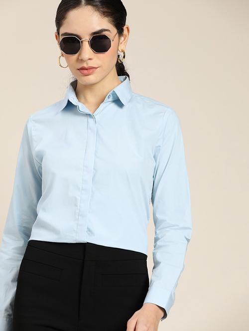 women solid collared long sleeve shirt - 22038561 - Very Small Image - 1